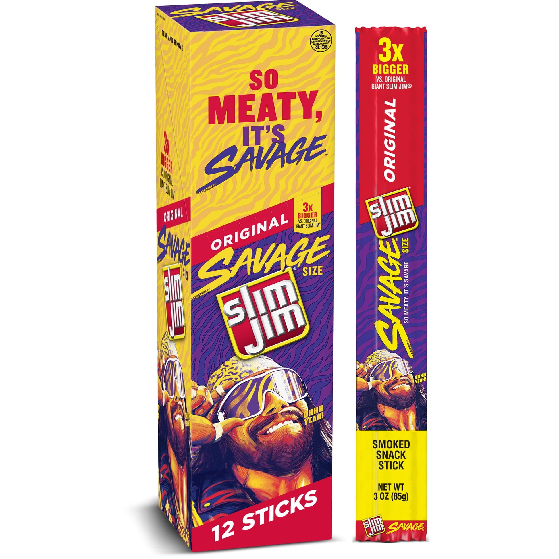 So meaty, it's savage. Slim Jim Savage-size Smoked Snack Sticks are three times bigger than Giant Slim Jim Sticks for appetites that can't be tamed … until now. Made with beef, pork and chicken, these ginormous meat snacks contain no artificial flavors and no artificial colors ... just the wildly satisfying taste of Slim Jim Original Meat Stick goodness that will have you saying, "Ohhh yeah!" Snap into a Savage Slim Jim at the rodeo or while wrestling an alligator, or bring one along for the ride as a road 