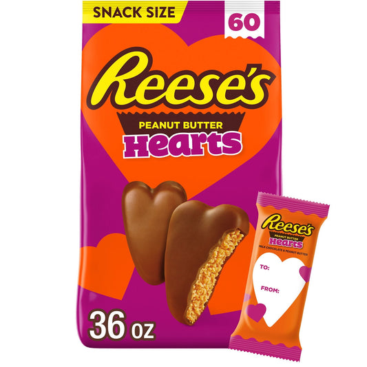 Make Valentine's Day candy gift-giving even more exciting with REESE'S milk chocolate snack size peanut butter hearts candy. Individually wrapped inside an adorned bag, these peanut butter candies are best paired with a card and flowers to sweeten up any Valentine's celebration. Who wouldn't want to celebrate the holiday with scrumptious REESE'S hearts filled with peanut butter and covered in milk chocolate? Give this festive gift bag to family members, friends and colleagues to fill their day with a fun pe