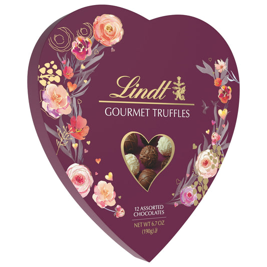 The Lindt Valentine's Assorted Gourmet Chocolate Truffles come in a beautifully designed 6.7 oz. heart-shaped box. Share the love with someone special with this perfect Valentine’s gift, containing 12 indulgent assorted chocolates. Lovingly crafted by our Master Chocolatiers using premium ingredients from world-renowned regions, this box is perfect for a romantic evening at home or as a surprise gift. Show your love and appreciation this Valentine's Day with the exquisite taste of Lindt Gourmet Truffles. *I