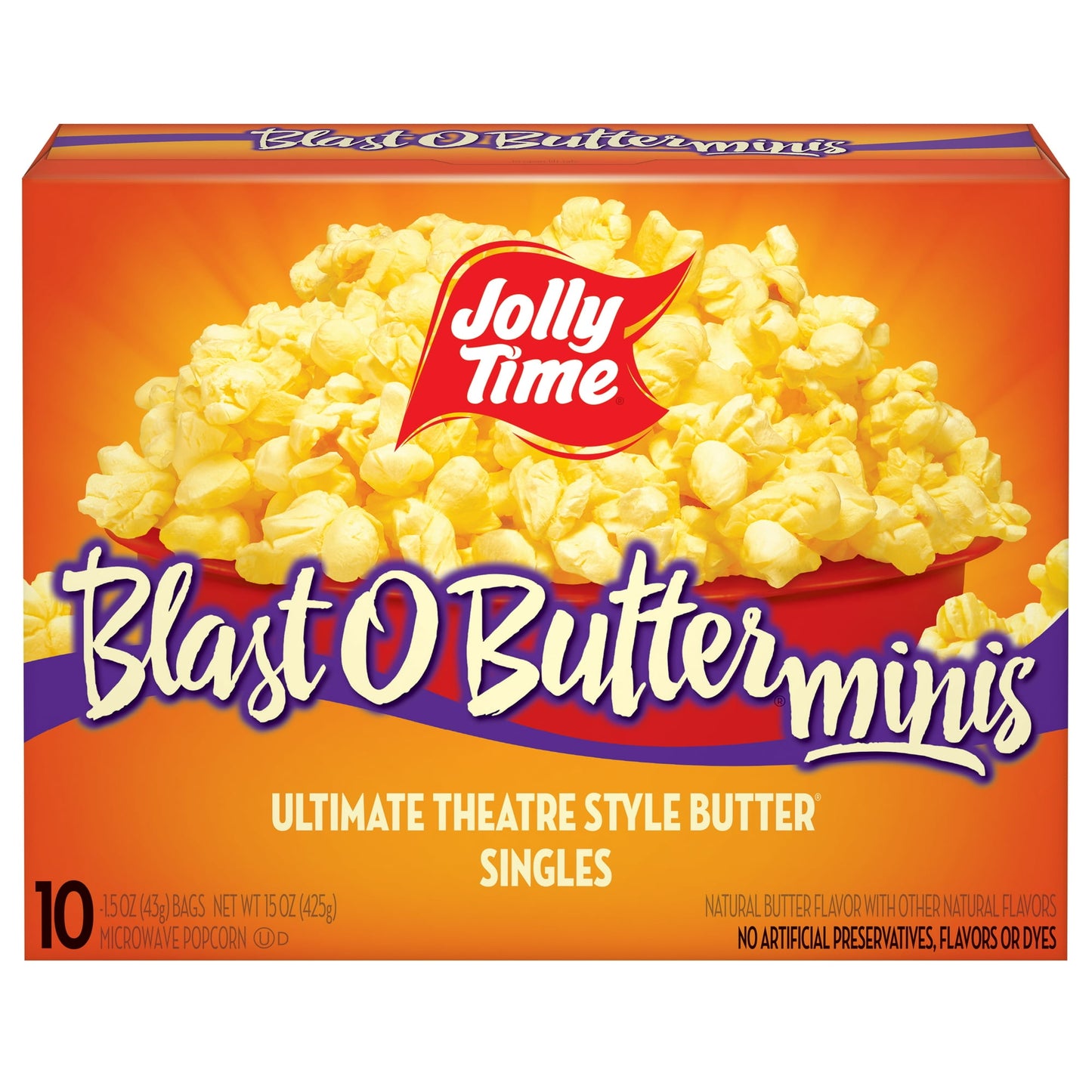 The same Blast O Butter movie theatre-style popcorn you love in a snack-size mini bag! This full-flavor popcorn for extreme butter lovers delivers an intense, savory movie theatre butter flavor in every bite. The JOLLY TIME team worked for over a year developing the most genuine butter flavor they could find without compromising the popcorn's crunchy texture. Blast O Butter microwave popcorn is cholesterol-free, 100% whole grain, high in fiber, gluten-free, and made with non-GMO popcorn kernels. The conveni