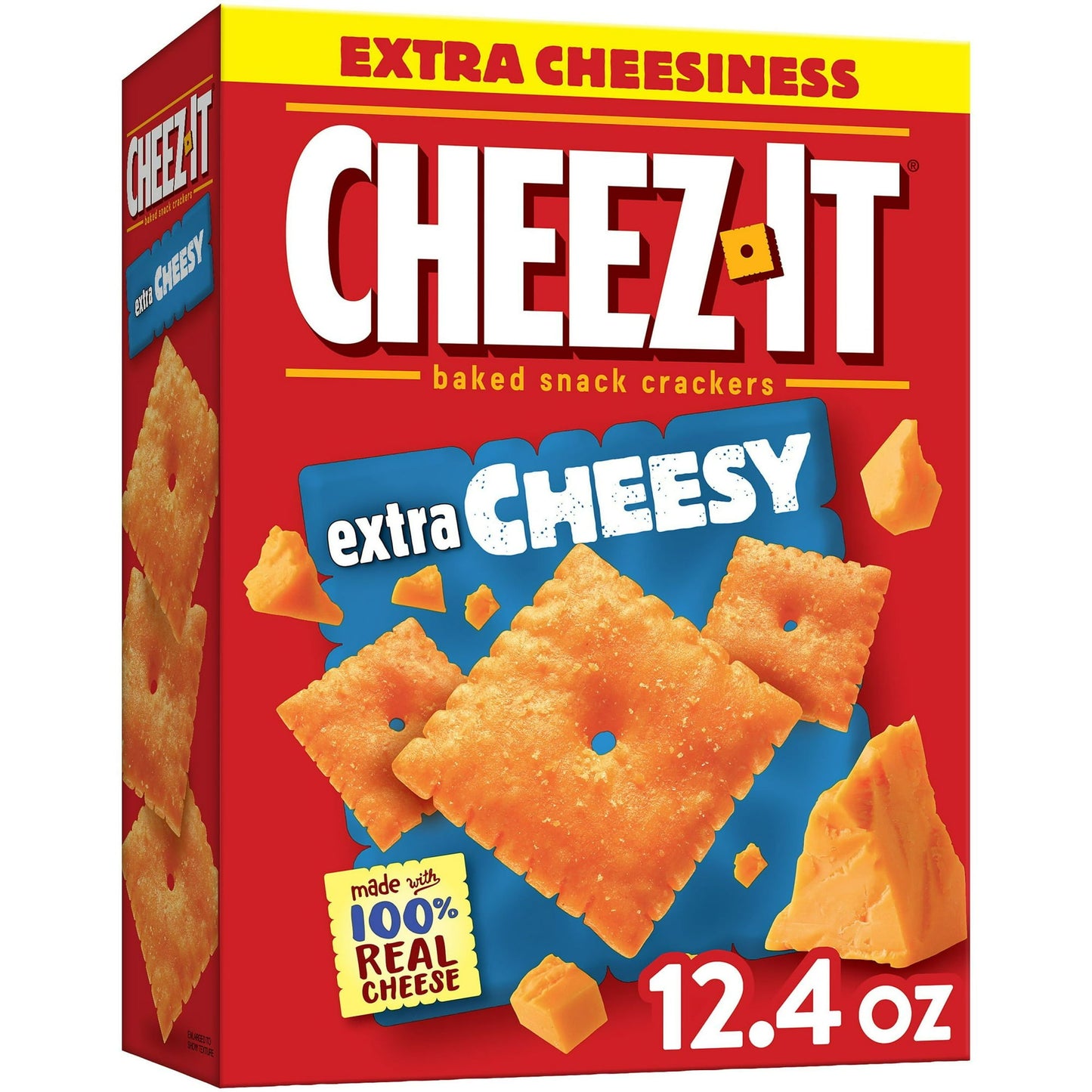 Outrageously cheesy and ridiculously craveable, Cheez-It Extra Cheesy baked snack crackers are deliciously crunchy little crackers every cheese lover will crave. Discover a crowd-favorite snack made with 100% real cheese baked to crispy perfection for an irresistible taste in every crunchy, extra cheesy bite. Each lightly salted cracker is loaded with a burst of cheesy flavor; Cheez-It baked snack crackers are a fan-favorite for game night, school snacks, family movie nights, party spreads, late-night snack