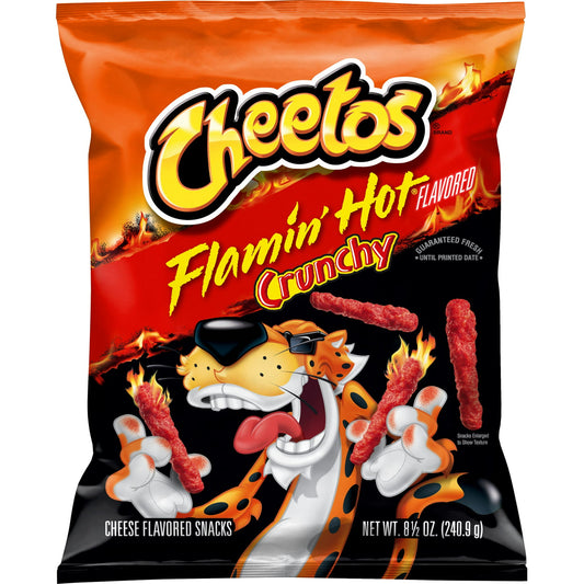 CHEETOS snacks are the much-loved cheesy treats that are fun for everyone! You just can’t eat a CHEETOS snacks without licking the “cheetle” off your fingertips. And wherever the CHEETOS brand and CHESTER CHEETAH go, cheesy smiles are sure to follow. Dive into the fiery crunch of Cheetos Crunchy Flamin' Hot Cheese Flavored Snacks. This 8.5 oz bag is packed with bold, spicy cheese flavor and a satisfying crunch. Perfect for those who crave intense heat and cheesy goodness in every bite. Ideal for snacking at