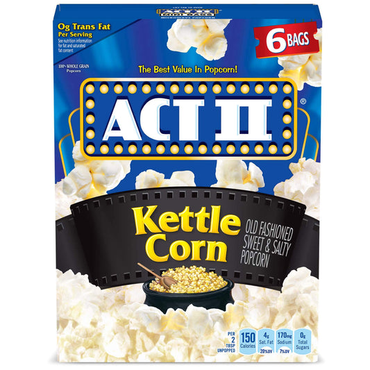 Enjoy a little sweet, a little salty and a lot of flavor in every bite of ACT II Kettle Corn Popcorn! This microwave popcorn provides a sweet and salty snack for any occasion. Plus, each bag of kettle corn is made with 100% whole grain popcorn kernels. Pop this sweet and salty popcorn in minutes to serve a quick snack after school or at the office. When you can't decide between salty and sweet, choose the value of ACT II Kettle Corn Popcorn.