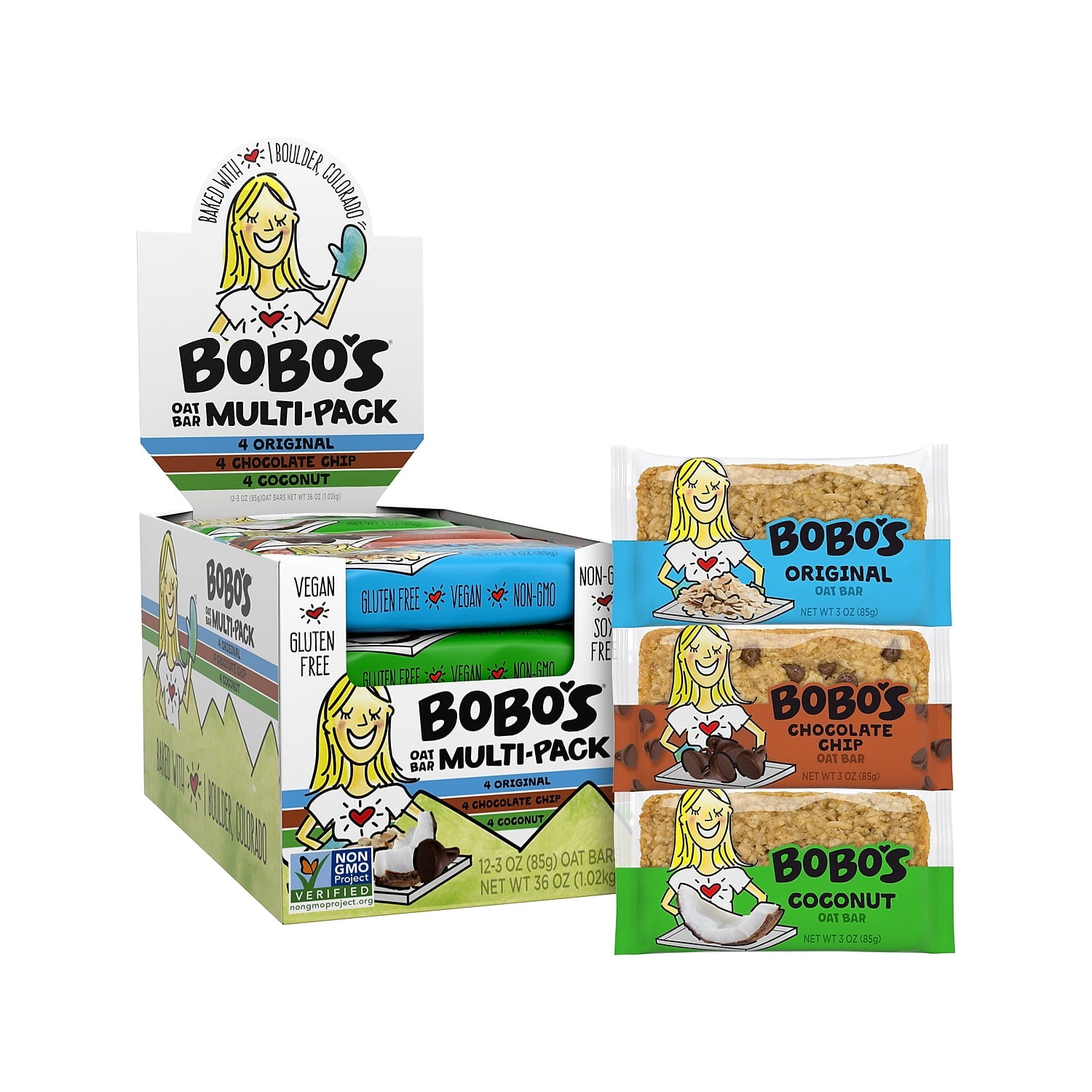 This Bobo's multipack contains oat bars with original, coconut and chocolate chip flavors. Whole grain coconut oat bar is spun with the sweet flakes of organic coconut for a transcendent snack flowing with tropical goodness. It's hard to go wrong with a coconut oat bar when every morsel treats you to a hint of the islands, with a gluten-free, handmade wholesome twist. No offense to chocolate chip cookies, but chocolate chip oat bar is kind of a big deal. This tasty treat feels more like dessert than breakfa