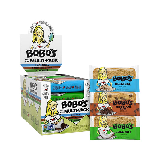 This Bobo's multipack contains oat bars with original, coconut and chocolate chip flavors. Whole grain coconut oat bar is spun with the sweet flakes of organic coconut for a transcendent snack flowing with tropical goodness. It's hard to go wrong with a coconut oat bar when every morsel treats you to a hint of the islands, with a gluten-free, handmade wholesome twist. No offense to chocolate chip cookies, but chocolate chip oat bar is kind of a big deal. This tasty treat feels more like dessert than breakfa