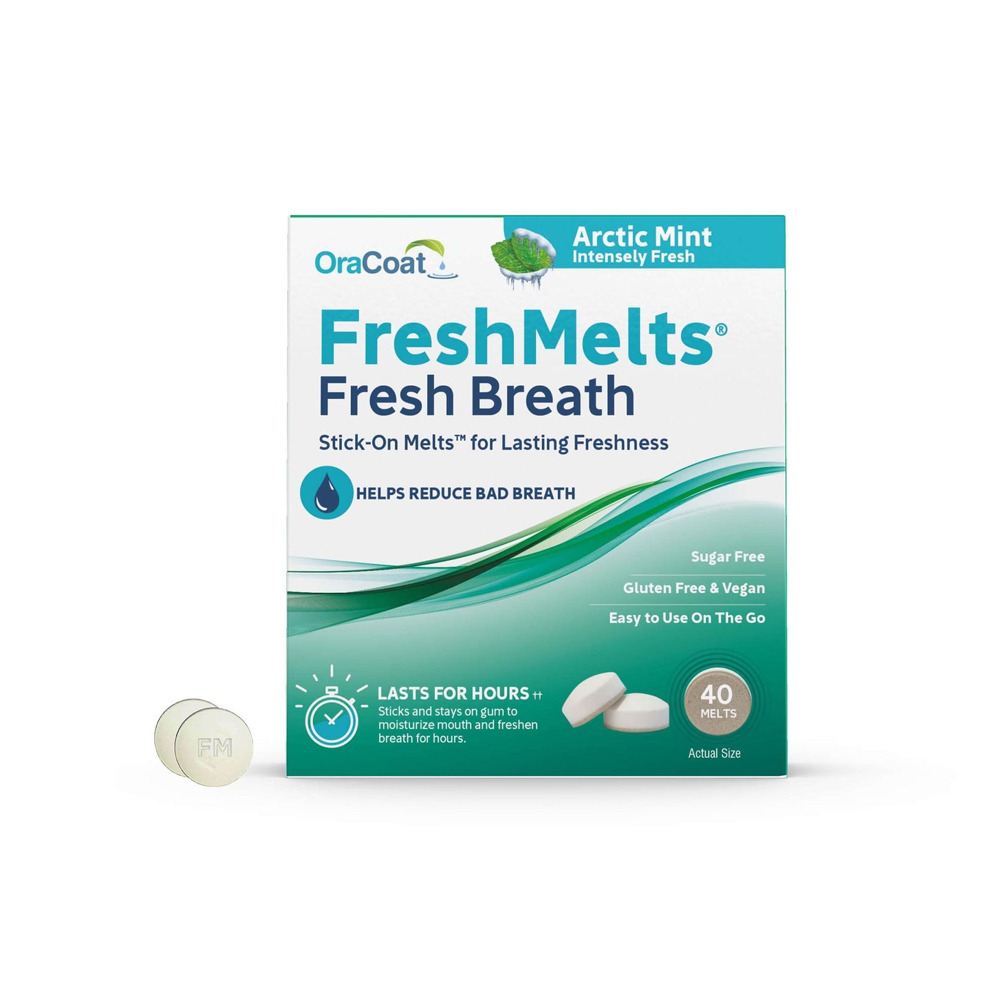 OraCoat® FreshMelts® are Stick-on Melts that stick to your gums or teeth to combat bad breath. OraCoat® FreshMelts® are made with a special blend of ingredients to stimulate saliva production and free of animal products, dyes, and preservatives. The Stick-on Melts technology adheres to your gums, releasing its freshness gradually for several hours, making it perfect for those on the go. With its easy-to-use blister packaging, you can conveniently take OraCoat® FreshMelts® everywhere you venture. Embrace the