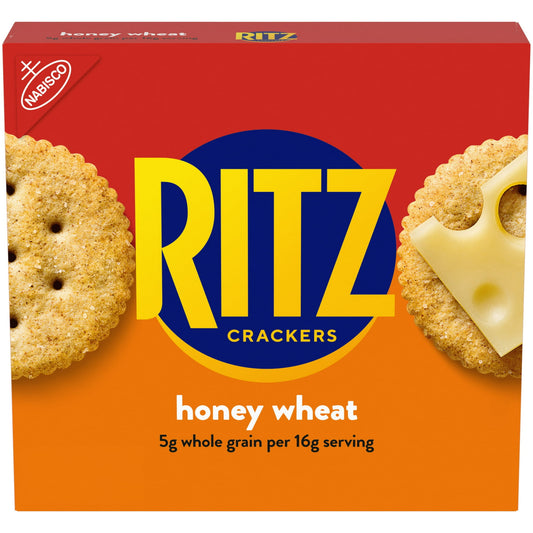 RITZ Whole Wheat Crackers are the classic RITZ crackers you love, now baked with the goodness of honey and whole wheat. With a rich, buttery flavor, these snack crackers pack 5 grams of whole grain per 16 gram serving. RITZ salted crackers have a classic taste that pairs with almost any topping, and these round crackers a great snack food on their own. Add RITZ Whole Wheat Crackers to your shelf of salty snacks for an after-school treat or crush them as a unique dessert topping. Each package includes one 13