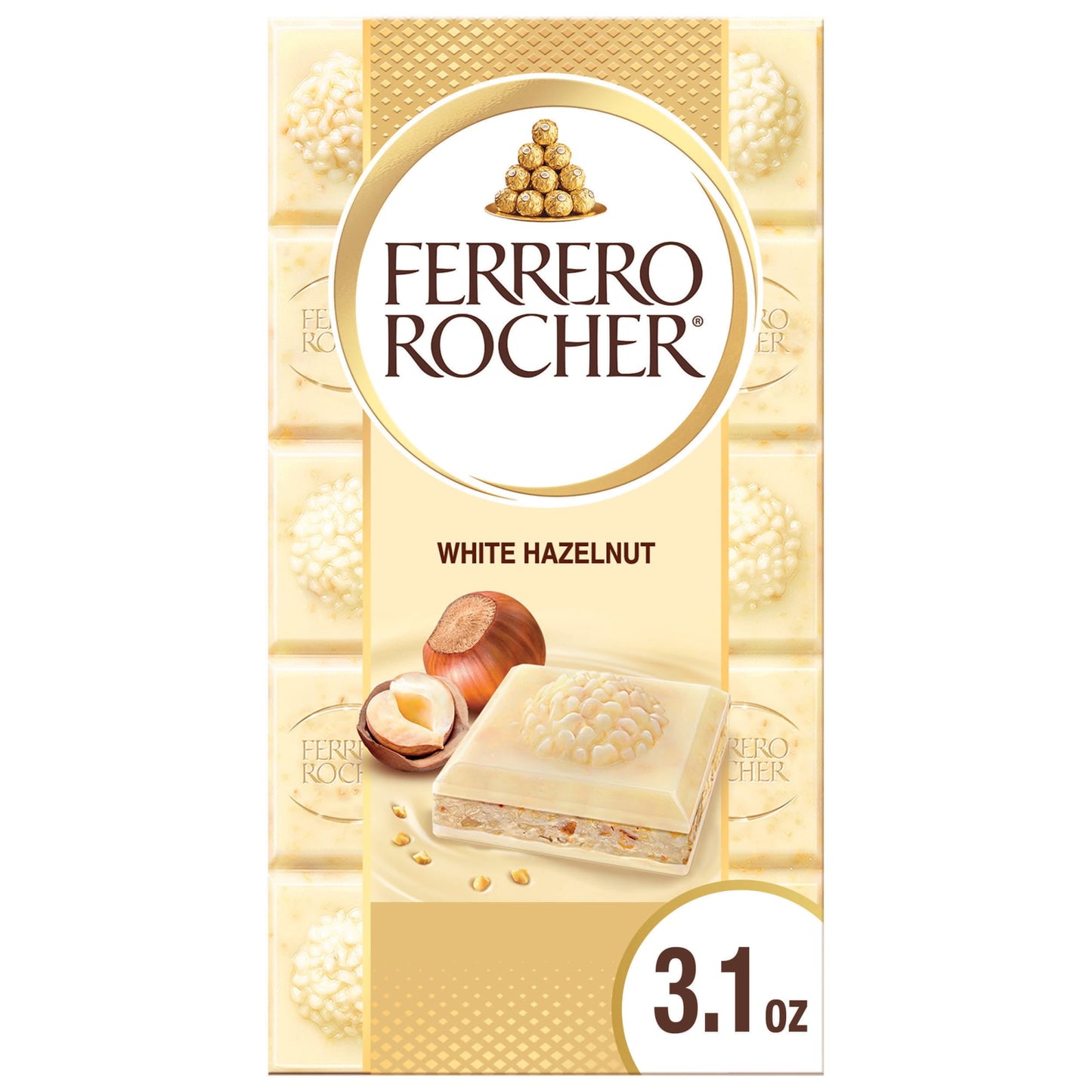 The special taste of Ferrero Rocher now comes in bars for everyday enjoyment. With irresistible layers of texture and flavor, the Ferrero Rocher White Chocolate Hazelnut Bar is far from ordinary: enjoy a sophisticated combination of quality roasted hazelnuts with the smoothness of white chocolate and an exquisite creamy filling with hazelnuts. Made with great attention to detail, each Ferrero Rocher bar features creamy chocolate—milk, dark or white—carefully crafted with selected ingredients. Indulge your s