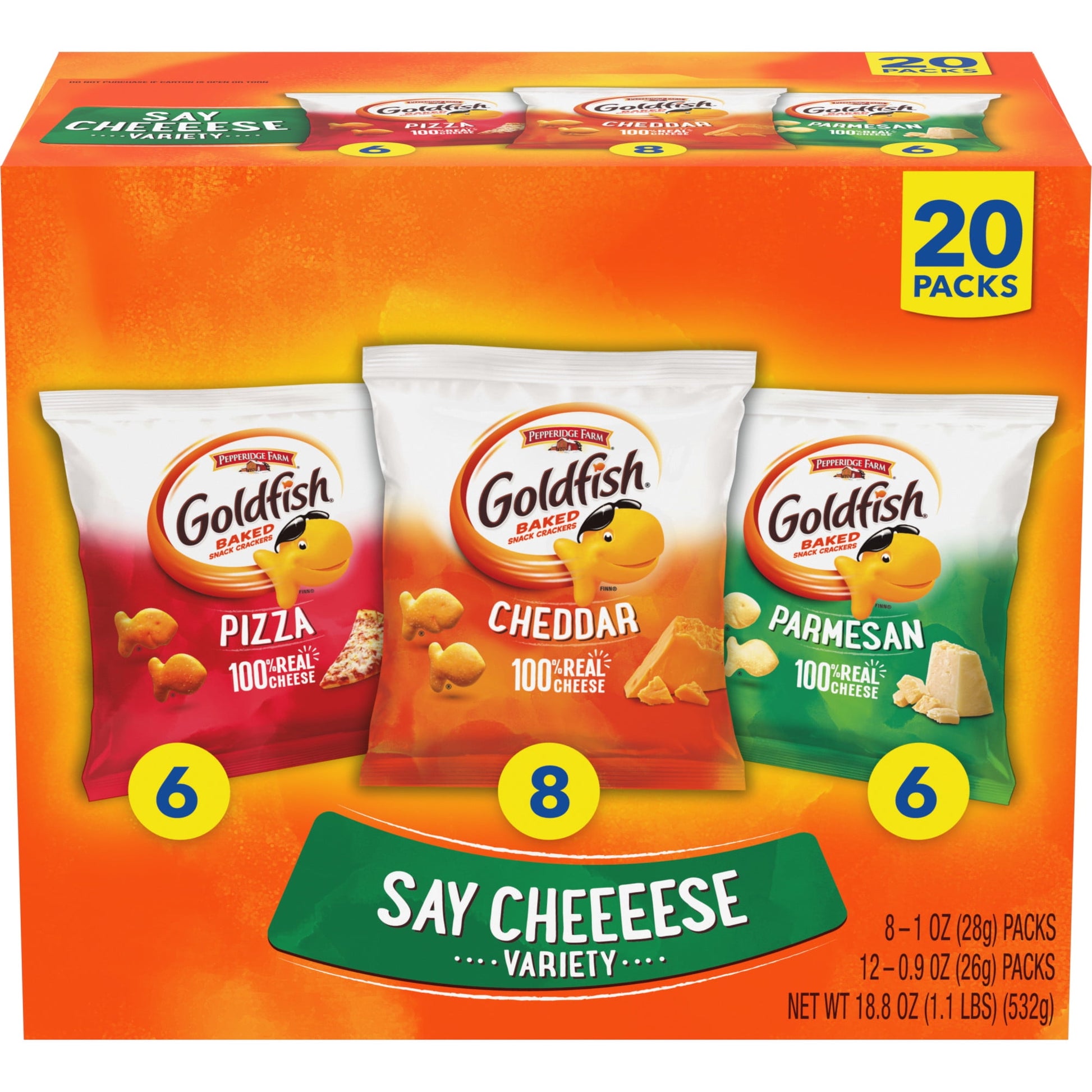 Say Cheeeese Goldfish variety pack is full of delicious snack crackers with a crunch that everyone can smile about. This box includes all your cheesy favorites: Goldfish Pizza, Goldfish Cheddar and Goldfish Parmesan crackers. These cheese crackers are always baked with real cheese, and made with no artificial flavors or preservatives. Whether you are looking for an on-the-go snack or just craving something delicious to munch on while streaming your favorite show, they’re a snack that everyone will love. The