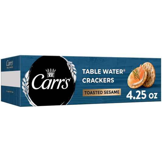 Delicious and delightfully crisp, Carr's Toasted Sesame Crackers are made with quality ingredients and baked to perfection for a flavorful, flaky bite that's irresistible on its own or when paired with your favorite toppings or dips. With a delicate texture and enticing flavor, these Toasted Sesame Table Water Crackers make a wonderful canvas for your favorite toppings and dips including cheeses, fruit preserves, deli meats, and more. Carr's Crackers are the perfect addition to party platters for any occasi