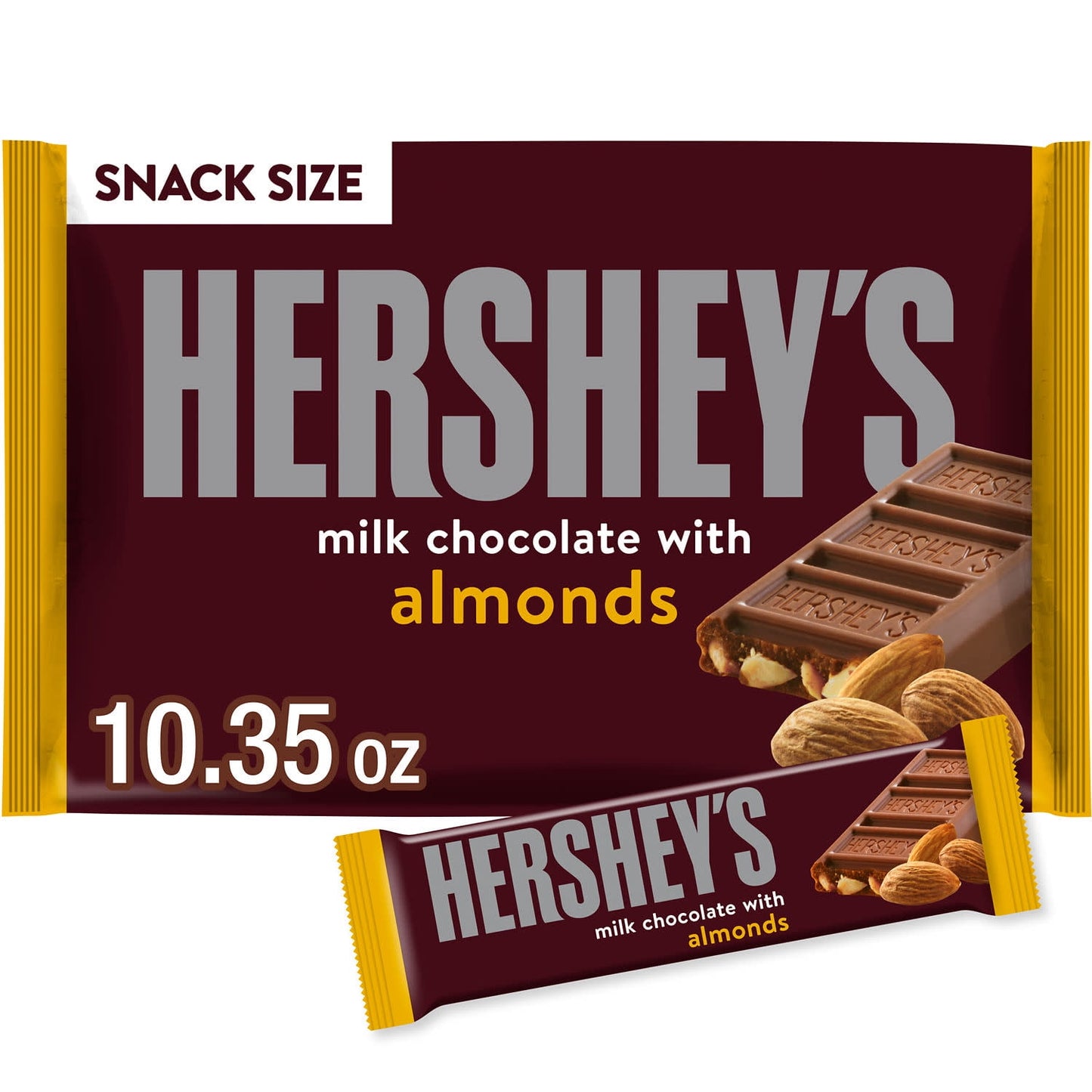 There's happy, and then there's HERSHEY'S happy. Made of the delectable, creamy milk chocolate that's been a classic for decades, HERSHEY'S snack size milk chocolate with almond bars make life more delicious. We won't blame you if you prefer to enjoy these sweet treats alone, but it's also great to share with people you love the most. This milk chocolate bar is the perfect treat for countless special and everyday occasions. HERSHEY'S milk chocolate candy bars with whole almonds can be used as a sweet treat 