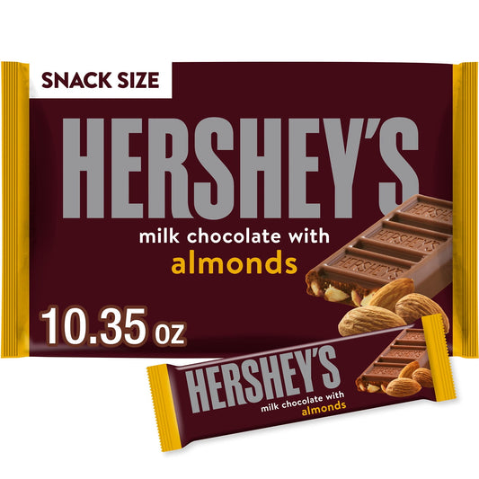 There's happy, and then there's HERSHEY'S happy. Made of the delectable, creamy milk chocolate that's been a classic for decades, HERSHEY'S snack size milk chocolate with almond bars make life more delicious. We won't blame you if you prefer to enjoy these sweet treats alone, but it's also great to share with people you love the most. This milk chocolate bar is the perfect treat for countless special and everyday occasions. HERSHEY'S milk chocolate candy bars with whole almonds can be used as a sweet treat 