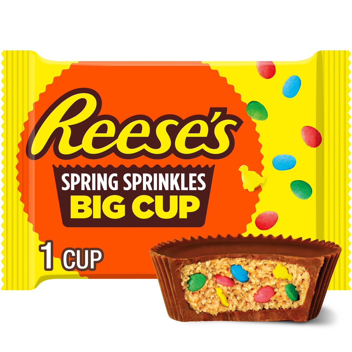 Your days just got a whole lot sweeter with REESE'S Big Cup Stuffed with Spring Sprinkles Milk Chocolate Peanut Butter Cup candy. Whether you're filling Easter baskets or plastic eggs, there's never been a better reason to get lost in the taste of smooth peanut butter and rich milk chocolate of a REESE'S candy, now stuffed with shaped sprinkles! The sprinkle stuffed sweet in this pack provides the perfect helping of festive fun to treat the taste buds of your favorite candy lover. Light in weight but heavy 