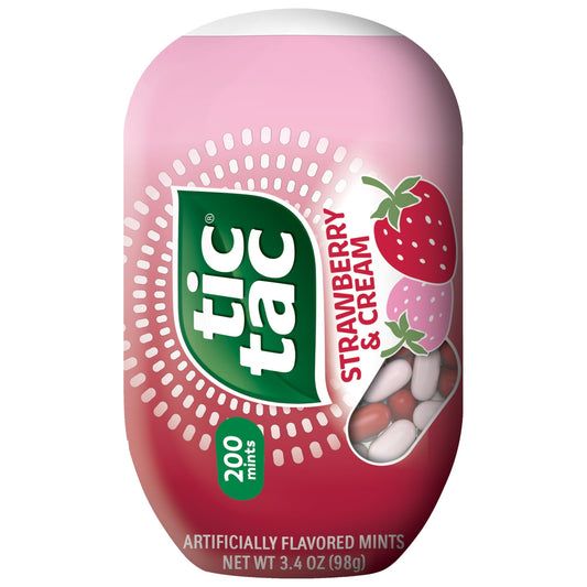 Enjoy the taste of Tic Tac Strawberry & Cream mints. Each 3.4-ounce pack is filled with delicious mints ready to boost your confidence. Enjoy 100 layers of satisfying and delicious flavor in this pack of Tic Tac Strawberry & Cream mints. The portable pack fits perfectly in your pocket or purse for on-the-go sharing. These gluten-free mints are satisfying and GMO-free! Tic Tac is an iconic brand of beloved mints. Whether you enjoy one or the whole pack, you've got a variety of flavors and sizes to choose fro