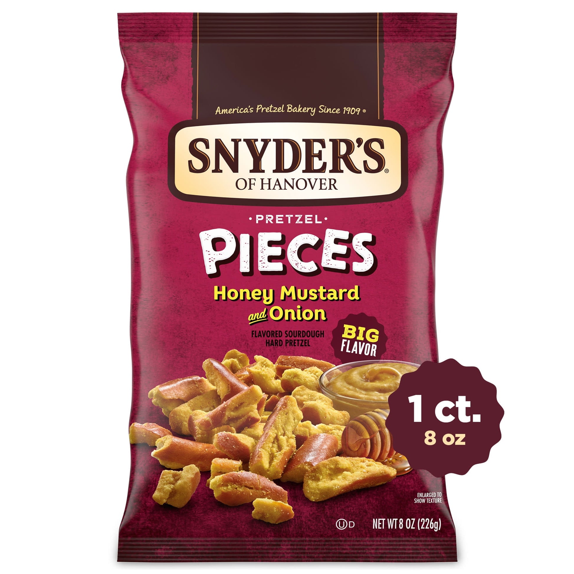 Snyder's of Hanover Honey Mustard and Onion Pretzel Pieces are bursting with craveable flavor in every bite! Enjoy crunchy sourdough pretzels, generously seasoned with tangy mustard, mild onion flavor, and the sweetness of honey. You'll love the crunch, hearty satisfaction, and bold flavor found in every bite. Our pretzel pieces are the perfect snack to crunch on during game day or as a lunchtime side. Snyder's of Hanover has been America's Pretzel Bakery since 1909, and our pretzels give you that delicious