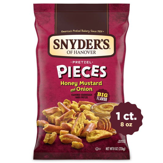 Snyder's of Hanover Honey Mustard and Onion Pretzel Pieces are bursting with craveable flavor in every bite! Enjoy crunchy sourdough pretzels, generously seasoned with tangy mustard, mild onion flavor, and the sweetness of honey. You'll love the crunch, hearty satisfaction, and bold flavor found in every bite. Our pretzel pieces are the perfect snack to crunch on during game day or as a lunchtime side. Snyder's of Hanover has been America's Pretzel Bakery since 1909, and our pretzels give you that delicious