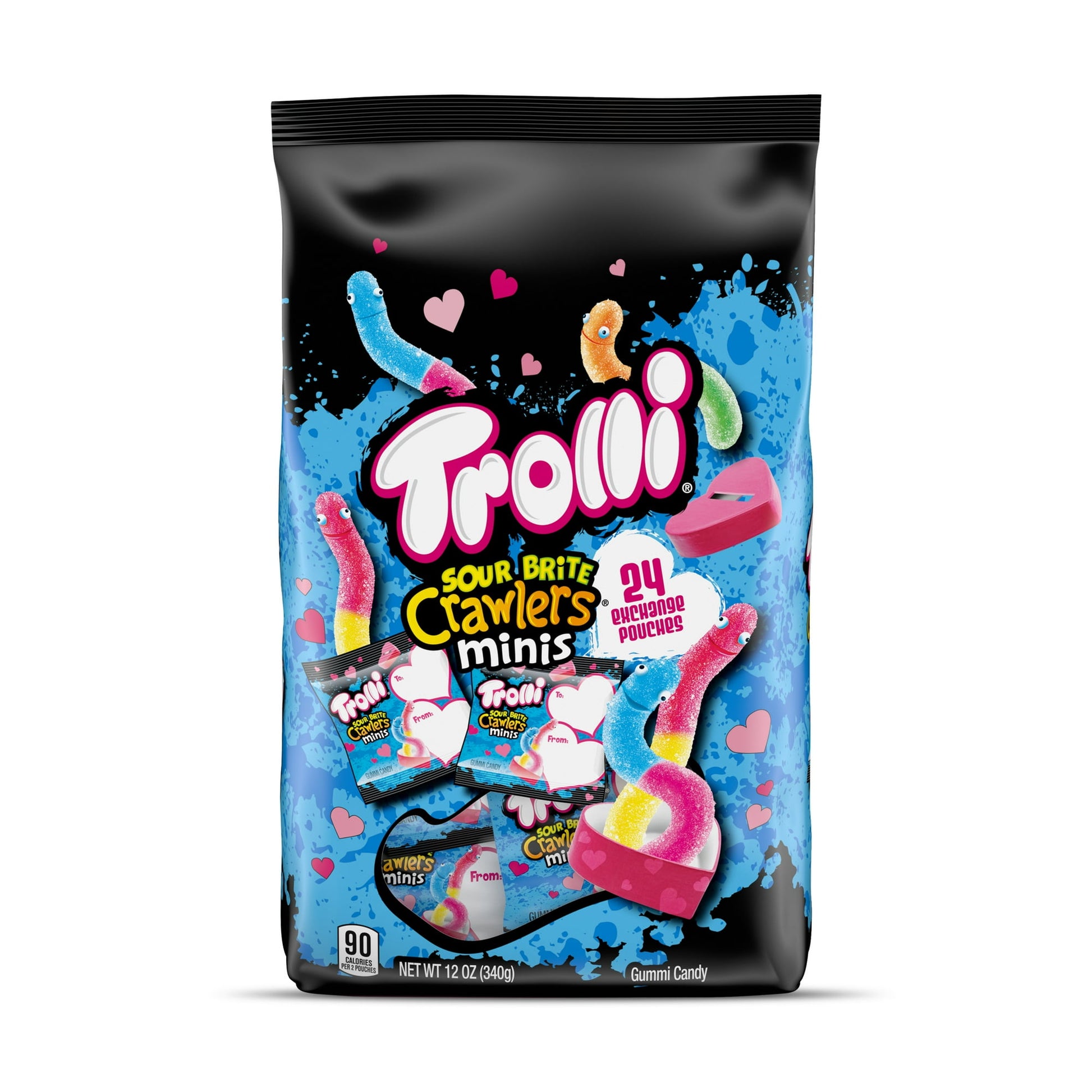 Get ready to wow everyone with Trolli Sour Brite Crawlers Minis Exchange Packs for a sweet and sour play on Valentine’s. With 24 pouches ready to share, everyone can enjoy two sensationally sour flavors in each soft and chewy mini gummy worm. Try Cherry-Lemon, Strawberry-Grape, and tasty Orange-Lime multi-flavored sour gummies covered in tongue-twisting sugary goodness. Personalize each pouch with “To” and “From” heart-shaped labels to make treat exchanges with friends or classmates playful and easy.