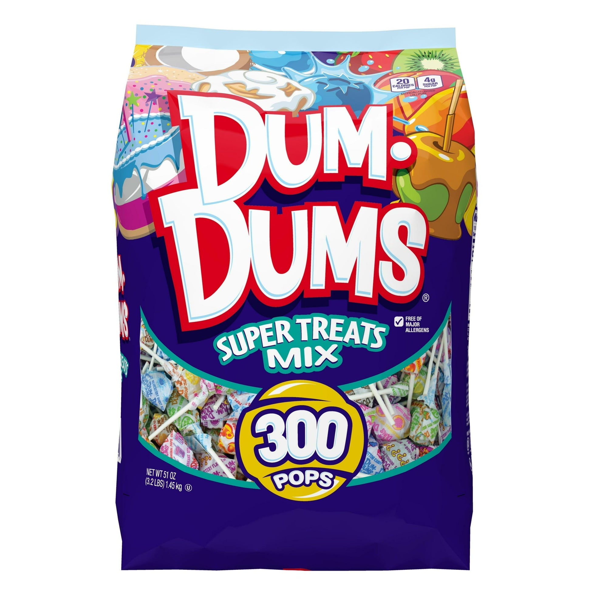 Add Dum-Dums to your shopping list! You’ll love the wide variety of awesome flavors in the Super Treats Mix. You’ll find delicious fruity flavors like Tropical Freeze, Dragon Fruit and Blueberry Blast. You’ll also discover delicious flavors inspired by your favorite treats like Birthday Cake, Hot Chocolate and Strawberry Milkshake. Up to 16 fantastic flavors are included in each bag! And don’t forget the famous Mystery Flavor which will keep you guessing! Dum-Dums have a way of brightening life's everyday m