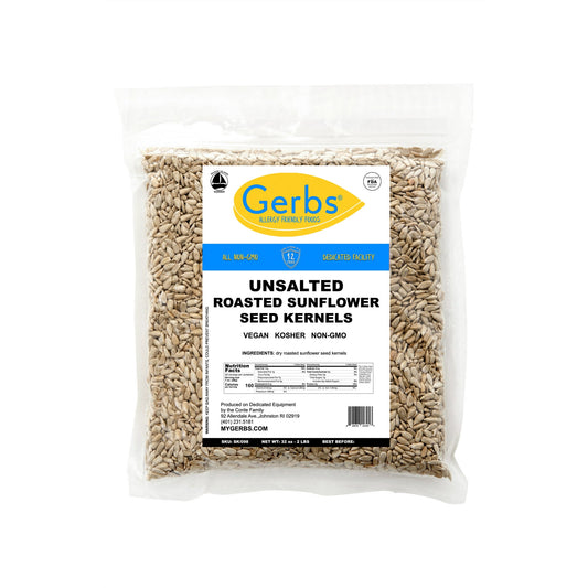 Gerbs Unsalted Sunflower Seed Kernels, country of Origin - USA. Produced on 100% Dedicated Packaging Equipment. 2 Pounds of sunflower kernels packaged in re-sealable zipper high barrier food grade poly bags yielding a shelf life of 1 year without using any preservatives. This product is Allergen Free, 100% All-Natural/NON-GMO, Vegan, and Kosher. Simply, there are no other Sunflower Seeds on the market as fresh as Gerbs, which taste like homemade seeds, while also being Allergen Free & Non-GMO.