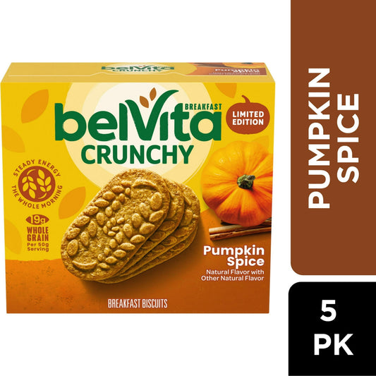 Start your morning off right with lightly sweet and crunchy belVita Pumpkin Breakfast Biscuits. Specially baked, these biscuits contain slow-release carbs that break down gradually in the body to deliver delicious, steady energy all morning long so you can enjoy these with your morning coffee, yogurt and fruit or as an instant breakfast food. Each 50 gram serving of these breakfast cookies contains 19 grams of whole grain, 3 grams of fiber and B vitamins for a delicious alternative to breakfast bars. These 