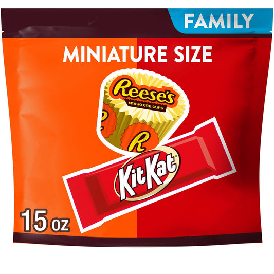 Enjoy a delicious, chocolatey treat anywhere and anytime with KIT KAT and REESE'S assorted milk chocolate candy. Offering two crowd-pleasing favorites, this candy assortment of miniatures is perfect for sharing with anyone. Take this variety candy bag into the office break room, pour some individually wrapped kosher candies into your jar at home or take a family bag to your next sports game to celebrate the win. This assorted bag of chocolate candies contains REESE'S milk chocolate peanut butter cups and KI