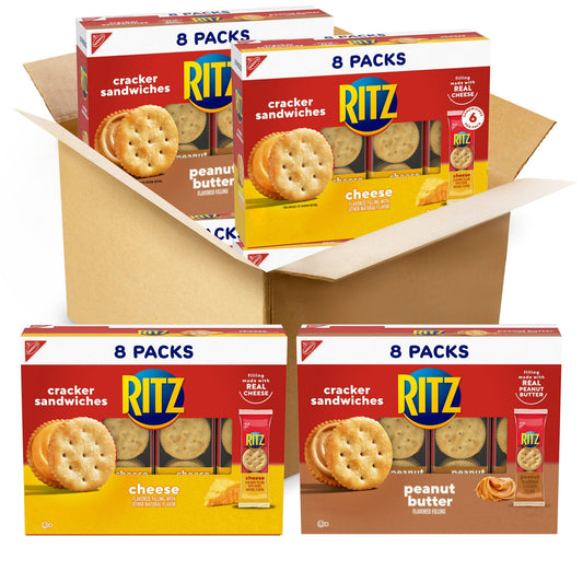 RITZ Sandwich Crackers are the classic go-anywhere cracker sandwiches that kids and adults love, layering smooth, creamy cheese or peanut butter between two crisp RITZ snack crackers. Toss these snack packs in your lunch for a treat or keep some in your desk drawer. Individually wrapped for freshness and portability, these RITZ peanut butter crackers and RITZ cheese crackers are a great addition to the snack food shelf in your pantry. These RITZ crackers snack packs are convenient snacks for traveling, hiki