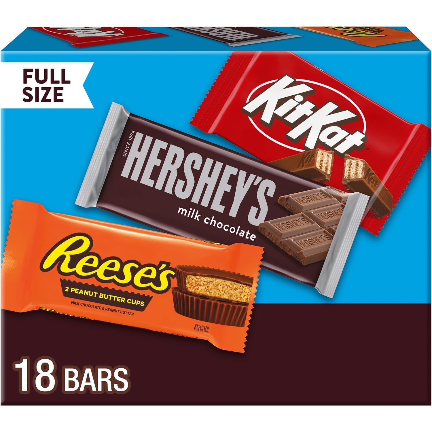 Enjoy a delicious chocolatey treat anywhere and anytime with HERSHEY'S, KIT KAT and REESE'S assorted milk chocolate candy, perfect for concession stands and fundraisers. Offering three crowd-pleasing favorites, these milk chocolate assorted candy bars are perfect for sharing with family, friends, teammates or co-workers. Take this chocolate candy variety pack into the office break room, pack some individually wrapped bars into your pantry at home or take a box to your next sports game to celebrate the win.