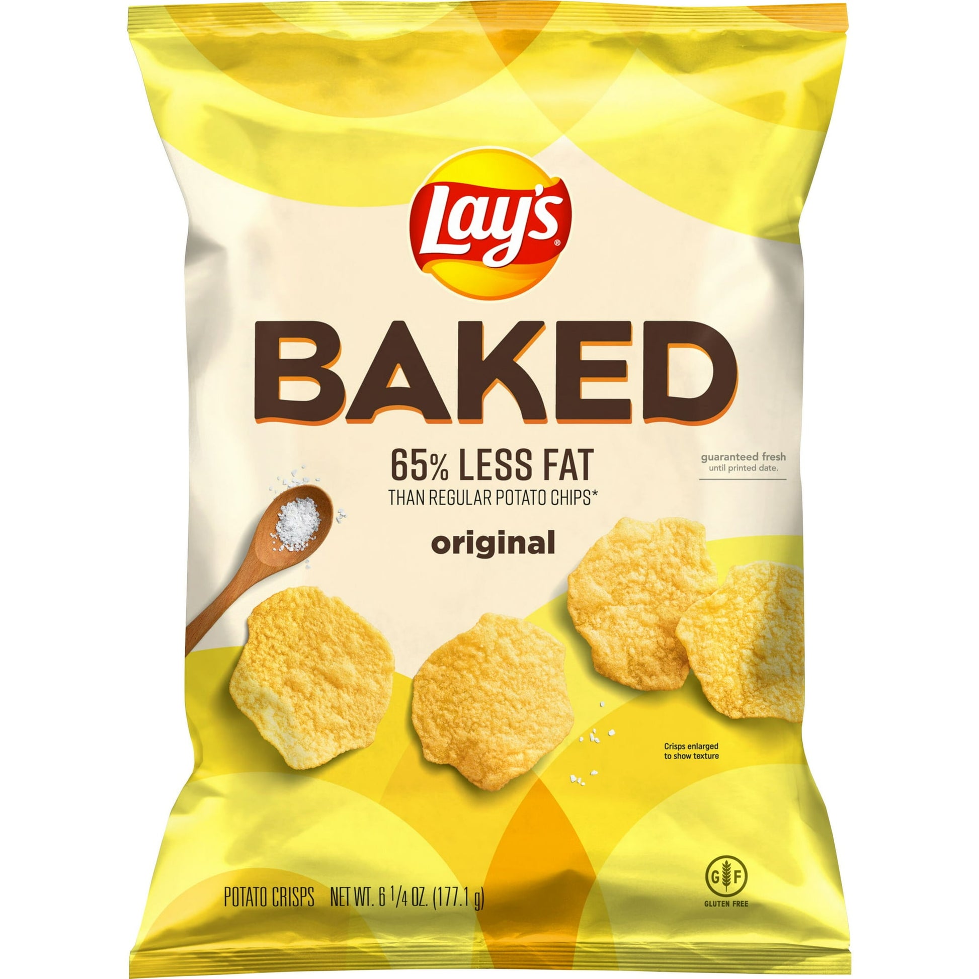 Lay's Oven Baked Original potato crisps offer great taste with less fat than regular potato chips, from our ovens to you.Fat content of regular potato chips is 10g per 1 oz.serving; fat content of these snacks is 3.5g per 1 oz.