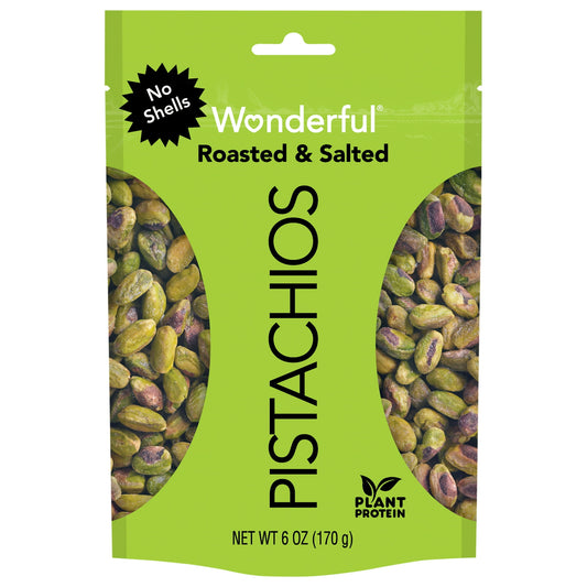 One 6 Ounce Resealable Pouch of our Roasted & Salted Wonderful Pistachios Without the Shell Roasted and Salted Wonderful Pistachios have literally come out of their shells. Same delicious taste, but with a little less work for you. Still great for snacking, they’re also a wonderful addition to your culinary creations. Wonderful Pistachios are a smart, healthy choice for folks around the world. Located in California’s fertile San Joaquin Valley, Wonderful Pistachios & Almonds owns, cultivates and harvests mo