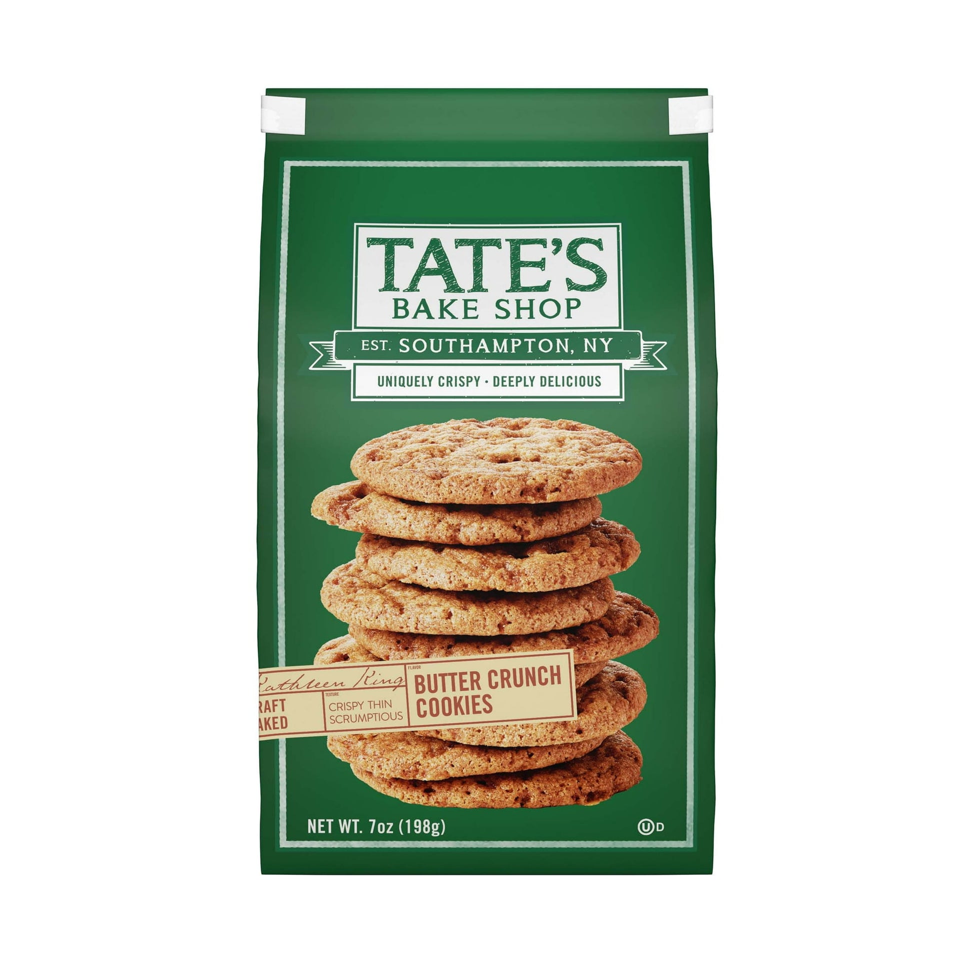 Treat yourself to a bake shop quality snack with Tate's Bake Shop Butter Crunch Cookies. These toffee cookies burst with buttery toffee flavor for a sweet and salty combination in every bite. Deeply delicious, these thin cookies are uniquely crispy with a delightfully crunchy texture. Fill your cookie trays with these kosher cookies for simple party snacks. Share the delicious treat with your family and friends, or use these baked cookies in your favorite dessert recipes. This 7 ounce bag is reclosable to k