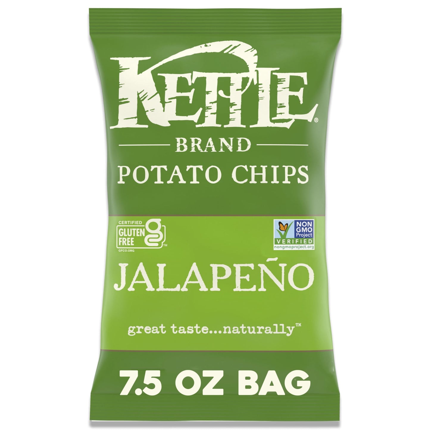 Give your taste buds fiery excitement with Kettle Brand Jalapeno Kettle Potato Chips. These kettle cooked jalapeno chips have a zesty, south-of-the-border flavor that strikes a perfect balance between real potato and the spiciness of jalapeno peppers. They’re easy to eat with a satisfying burn that sneaks up on you and makes your tongue tingle. Pair these hot and spicy chips with an ice-cold cerveza and then kick back with the festive, fiery flavor. Cut perfectly from whole potatoes, Kettle Brand jalapeno k