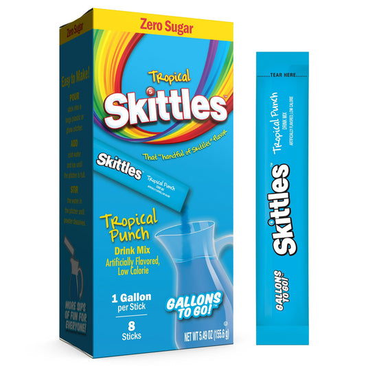 Skittles Drink Mix is a delicious treat for kids and adults alike. Perfect for any water recipe, this pack includes eight individual on-the-go packets, enough to make one gallon of flavored water each, in a delicious Tropical Punch Skittles flavor. Skittles Tropical Punch Drink Mix is sugar-free, caffeine-free, lactose-free, and fat-free, with only 5 calories per serving. Perfect for on-the-go or after-school snacks, pool days, or picnics, these flavored water packets are easy to prepare and easy to sip on.