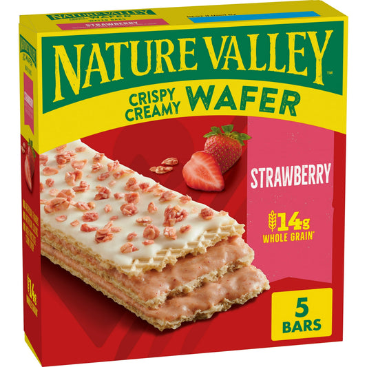 Indulge your crispy, creamy cravings with delicious Nature Valley Strawberry Wafer Bars. These snack bars are made with light and crispy whole grain wafers, layers of strawberry flavored filling, and a sweet topping with crunchy granola. Each serving contains 14g of whole grains (at least 48g recommended daily). The individually wrapped snack bars contain no artificial flavors or colors, and no high fructose corn syrup - just the great taste you’d expect from Nature Valley snacks. Reach for these strawberry