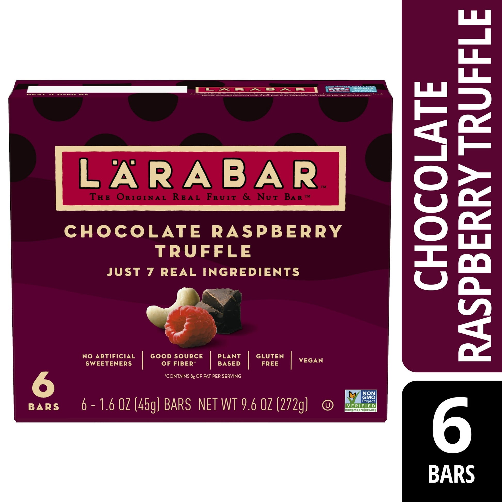 Eat clean with 100% real ingredients. Larabar makes simple and healthy snacks you can feel good about eating. With our simple blend of fruits, nuts & spices, clean eating just got a whole lot easier. Whether it's part of your breakfast or afternoon snack, this bar is an easy and delicious option that will lift your vitality and provide energy with every bite. Larabar Chocolate Raspberry Truffle Bars are made from just seven simple ingredients: dates, cashews, semisweet chocolate, raspberries, cocoa powder, 