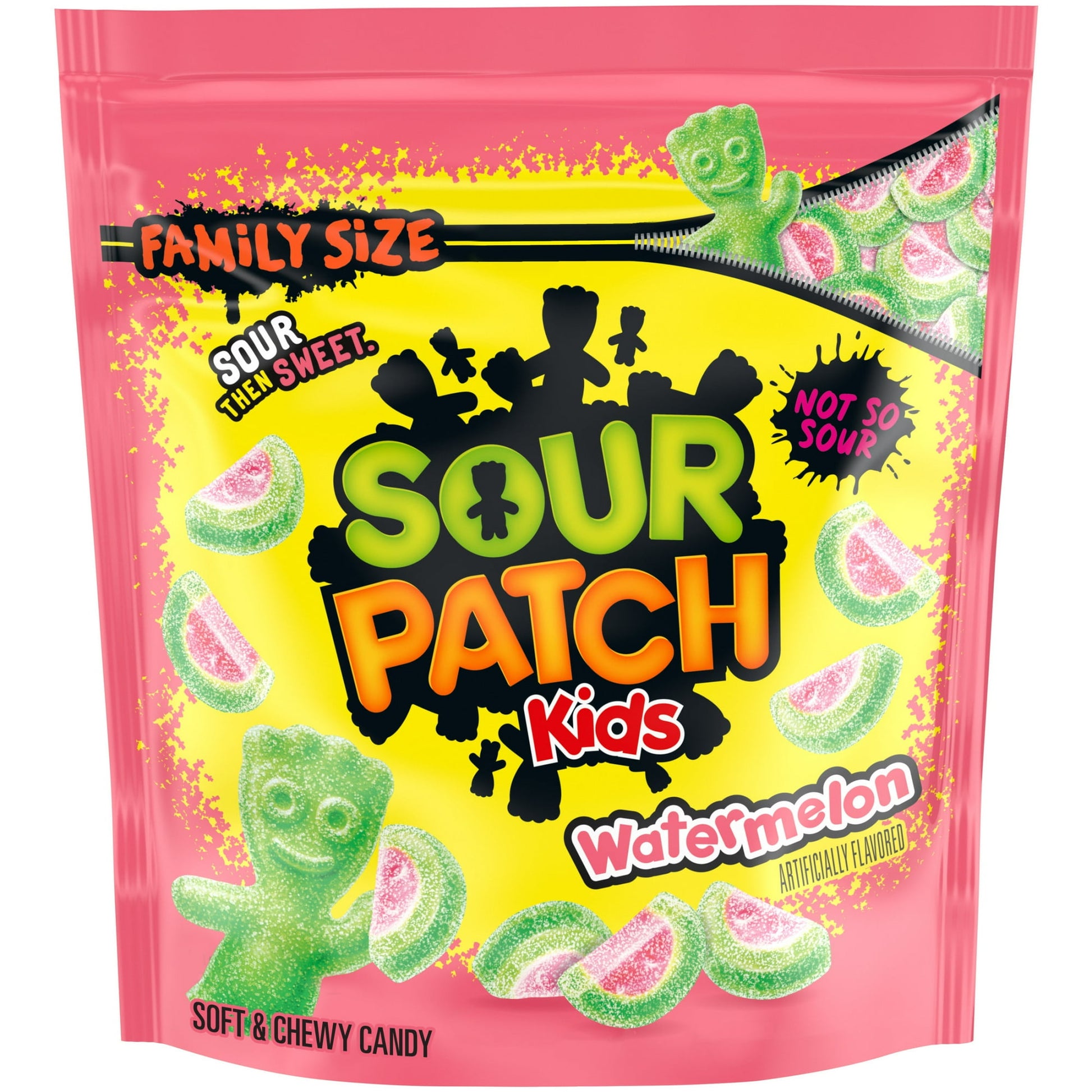 Enjoy a sour twist on your favorite summer flavor with SOUR PATCH KIDS Watermelon Soft & Chewy Candy. Intense watermelon flavor fills each SOUR THEN SWEET candy for a summery blast to your taste buds, and they're shaped like watermelon slices to add excitement to your candy snacking experience. Keep these sour gummy snacks on hand for a quick sour treat or as party favors for Halloween, Valentine's Day or birthdays.