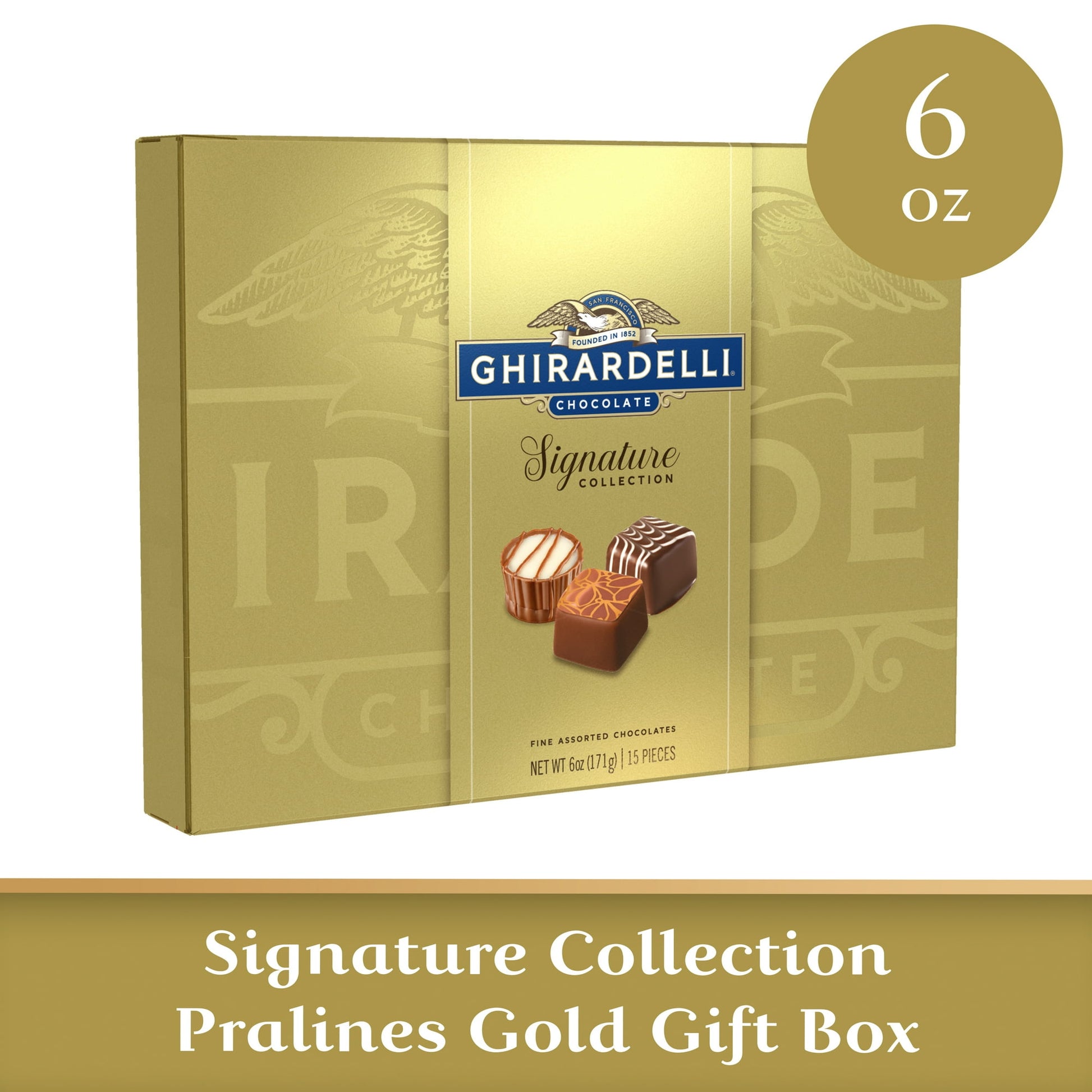 Celebrate with this exquisitely crafted Ghirardelli Signature Collection chocolate assortment. This beautiful gold gift box adds a touch of elegance to any gifting or sharing occasion. Delight family and friends with decadently rich and incredibly smooth chocolate. Taste the difference and enjoy a little indulgence. This festive gift box of candy is the perfect way to celebrate any time. Committed to ultimate quality from bean to bar, GHIRARDELLI chocolate is crafted with care using high quality ingredients