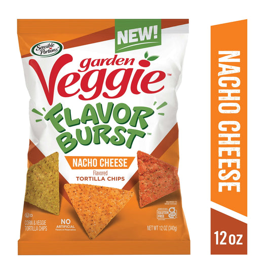 Get ready for a taste bud adventure like no other with our Garden Veggie Flavor Burst Tortilla Chips. These chips are a flavor-packed rollercoaster with an explosion of Nacho Cheese. Made with a delicious blend of corn and vibrant veggies that the whole family can feel good about. Brace yourself for a burst of flavor and craveable crunch. Will you be team green, team orange, or team red? Flavor. Bursting. CRUNCH! Sensible Portions Garden Veggie Flavor Burst Nacho Cheese Tortilla Chips, 12 oz: