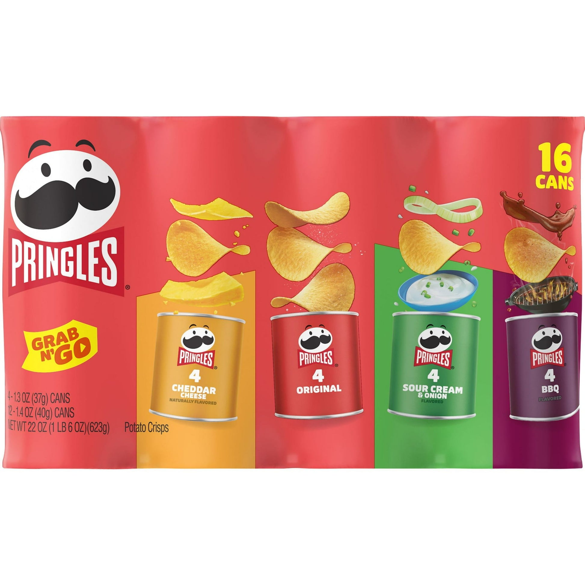 What comes next after the "pop" of a Pringles Grab N' Go can? The crisp, tantalizing, hit-the-spot taste of potato and your choice of four delicious flavors. Includes 16, 1.3- or 1.4-ounce individual size, travel-ready cans of ingeniously shaped Pringles Potato Crisps in Original, Cheddar Cheese, Sour Cream and Onion, and BBQ. Insanely light, crispy and never greasy, they’re bursting with flavor. With the convenient, portable can, it's easy to create snacking moments wherever and whenever; grab a can as a p