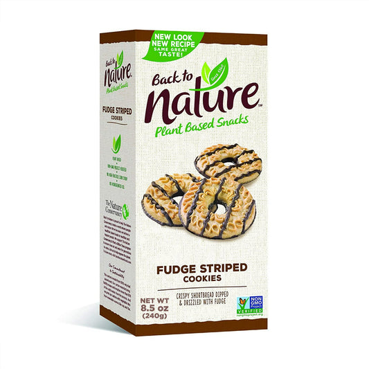 Back to Nature Fudge Striped Cookies are delicious, plant based snacks that are inspired by nature and are Non-GMO Project Verified. This Back to Nature cookie tops a crispy shortbread cookie with a drizzle of fudge for a luscious, crunchy bite. Made with Non-GMO ingredients, these Back to Nature cookies are also kosher, and made with no high fructose corn syrup or hydrogenated oils to meet your dietary needs. Enjoy these chocolate covered cookies for dessert after dinner or as a simple afternoon treat. Thi