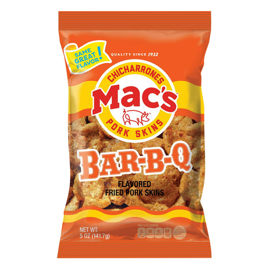 These Mac's Bar-B-Q Flavored Pork Skins are a delicious treat that is fun to eat. They have a distinctive taste and pack a powerful crunch. The salty snacks are made with wheat flour and mixed with dehydrated tomatoes and onions. The recipe also includes extracts of paprika and ground chili pepper and garlic to deliver a yummy flavor. They are a practical choice for those who prefer low-carbohydrate foods or are on a low-carb diet. This 5-oz bag of Mac's pork skins contains 10 servings at 80 calories each w