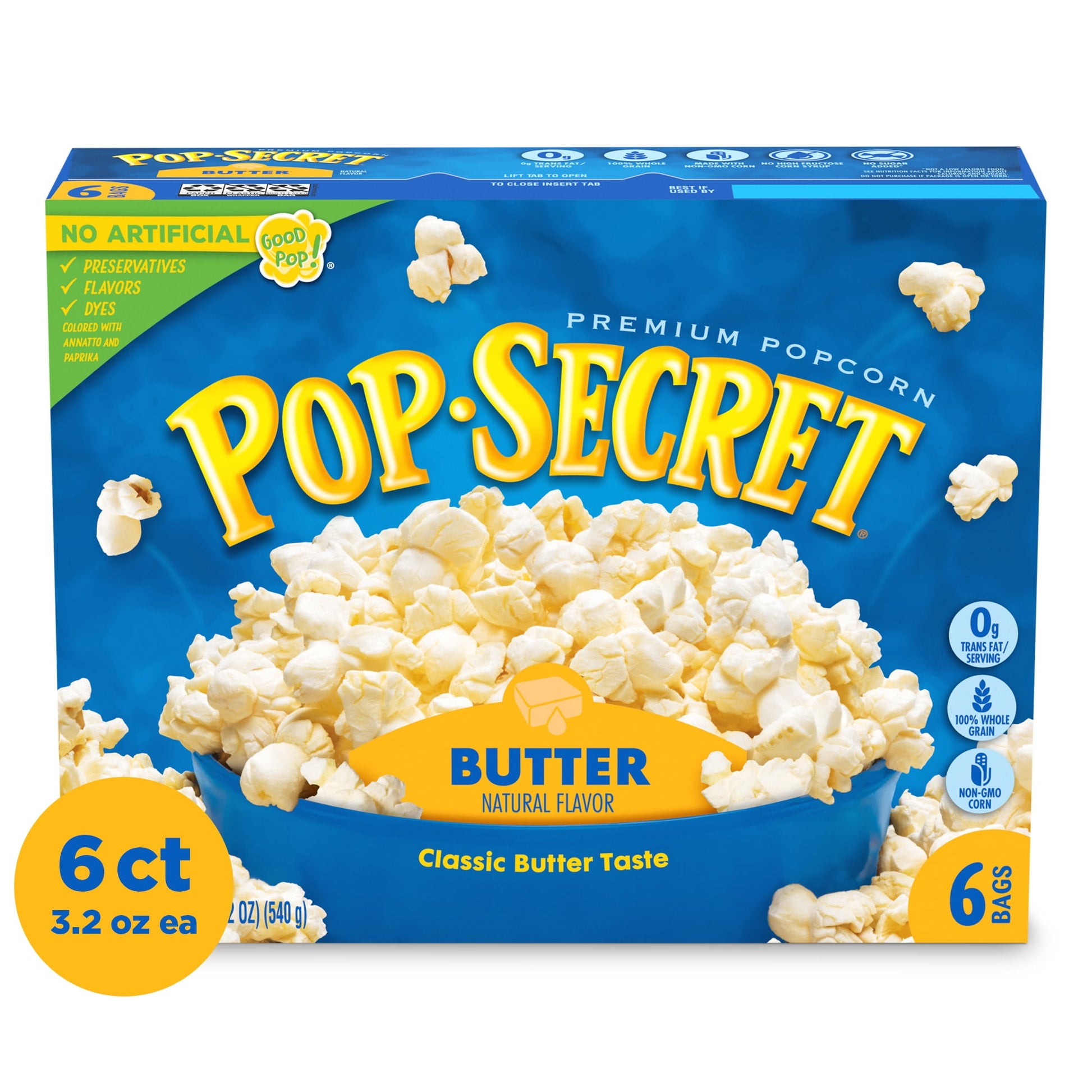 Popcorn fanatics love the delicious buttery taste of Pop Secret Butter Flavor popcorn. What’s our secret for the best popcorn? Kernels popped up light and fluffy with delicious buttery flavor and an aroma that brings the gang together. Ready in minutes, our microwaveable popcorn bags make it easy to pop up a delicious hot popcorn treat. And with more than 3 servings in each of our popcorn bags, Pop Secret butter-flavored microwave popcorn is perfect for sharing. So, pop up some delicious buttery-flavored fu