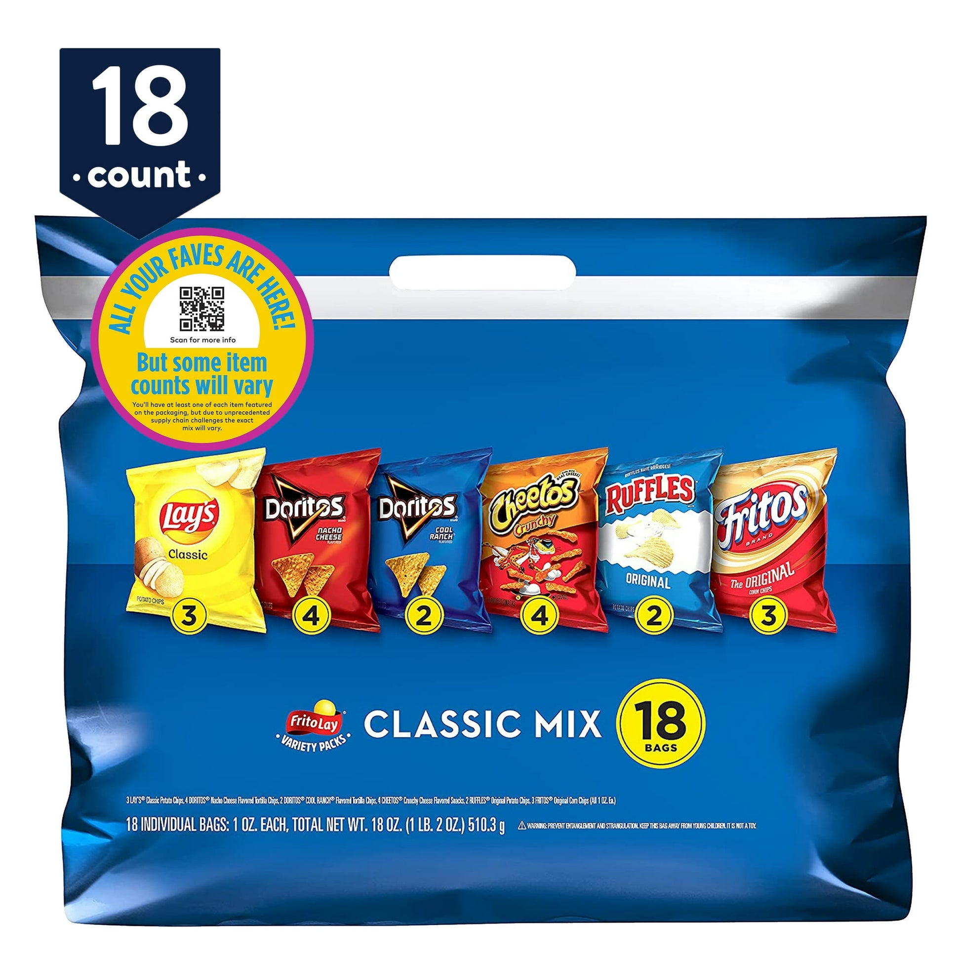 Frito Lay Classic Chips and Snacks Variety Pack is the perfect variety for any occasion. It provides the perfect portion size and variety of snacks to keep your friends and family happy. From the pantry to the lunch box, all you have to do is grab a pack and go! With your favorite varieties of Doritos, Lay's, Cheetos, Fritos, and Ruffles included in this mix, there are chips and snacks for everyone to enjoy. In this variety pack, you'll find a classic variety that has pleased taste buds for years. Explore t