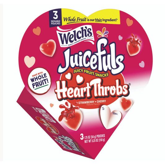 Your favorite fruit snack now with a splash! Open up Welch’s Juicefuls Heart Throbs Heart Box and find the wonders of Juice and Real Fruit combined. Fruit is the 1st Ingredient with only Naturally Sourced Colors and Flavors. Take a splash of inspiration, a dash of imagination for a snack so packed with real fruit it had to be called Juicefuls! See the Juice… Taste the Fruit!