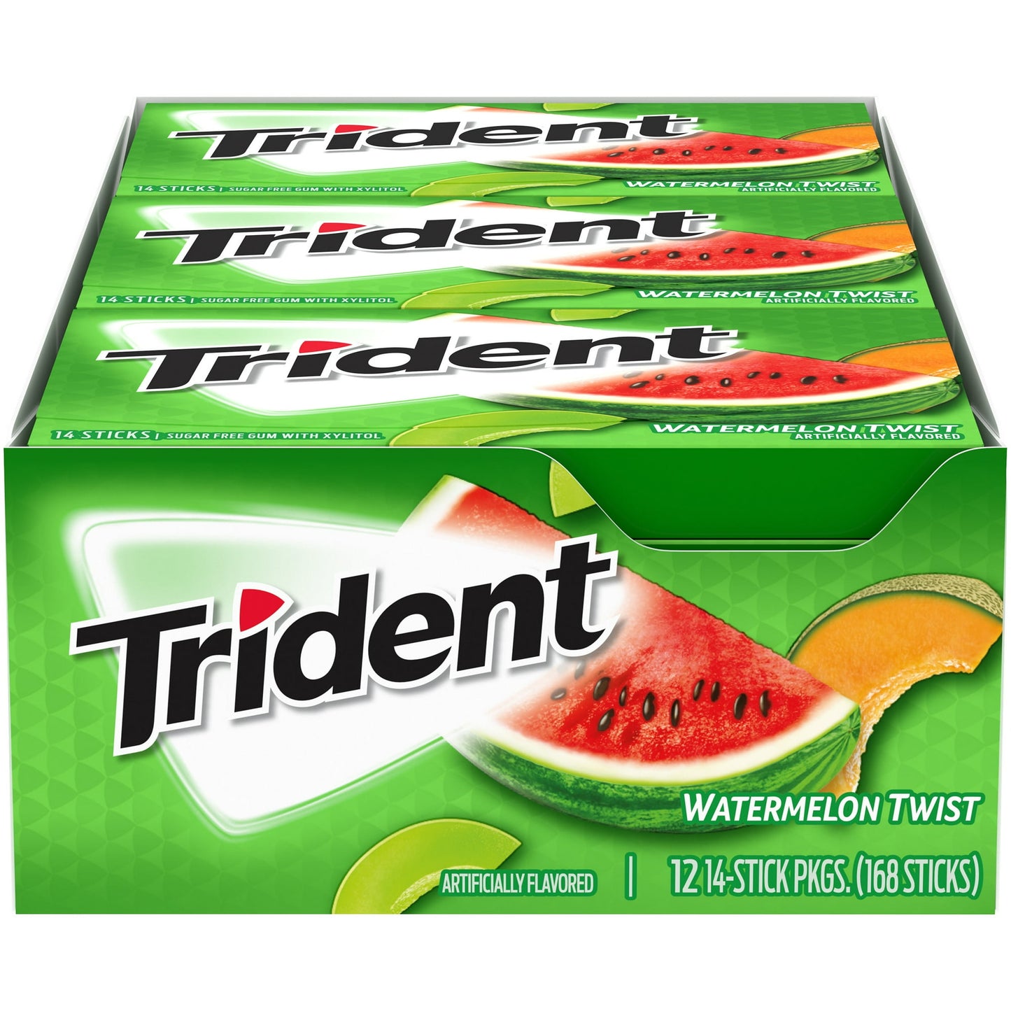 Trident Watermelon Twist Sugar Free Gum is what happened when Trident sent the watermelon flavor to a yoga class. With 30% fewer calories than sugared gum, this sugarless gum is sweetened with xylitol. Chewing Trident gum after eating and drinking cleans and protect teeth. Bulk packs of chewing gum keep your home or office well stocked.