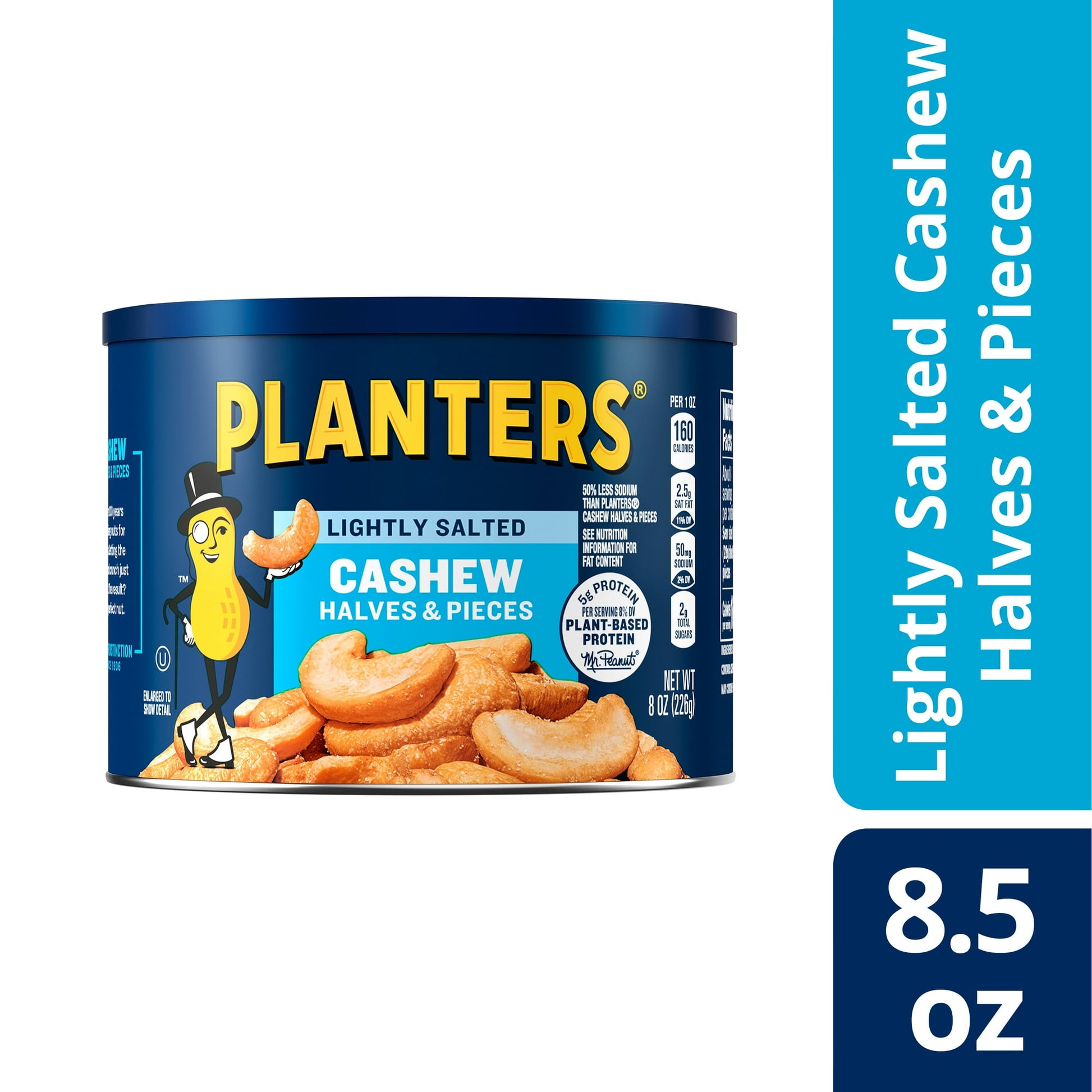 Planters Lightly Salted Cashews Halves & Pieces deliver a satisfying crunch with the quality and freshness you can count on. A dash of sea salt brings out the flavor in in every bite, and with 50% less sodium than Planters Cashews Halves & Pieces, these roasted nuts are a smart snack that you can savor anytime. These lightly salted cashew halves and pieces are ready to be eaten by the handful. Grab this canister of cashews to help satisfy your hunger on-the-go, or keep it in the kitchen to add some crunchy 