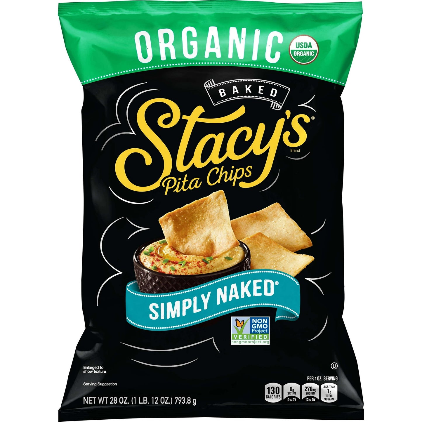 Dressed in nothing but sea salt, these delicious baked chips are artfully simple with an incredible crunch. Enjoy them straight from the bag, with your favorite dip, or paired with a wedge of cheese and a glass of wine. Stacy's Pita Chips, Simply Naked, 28 Oz