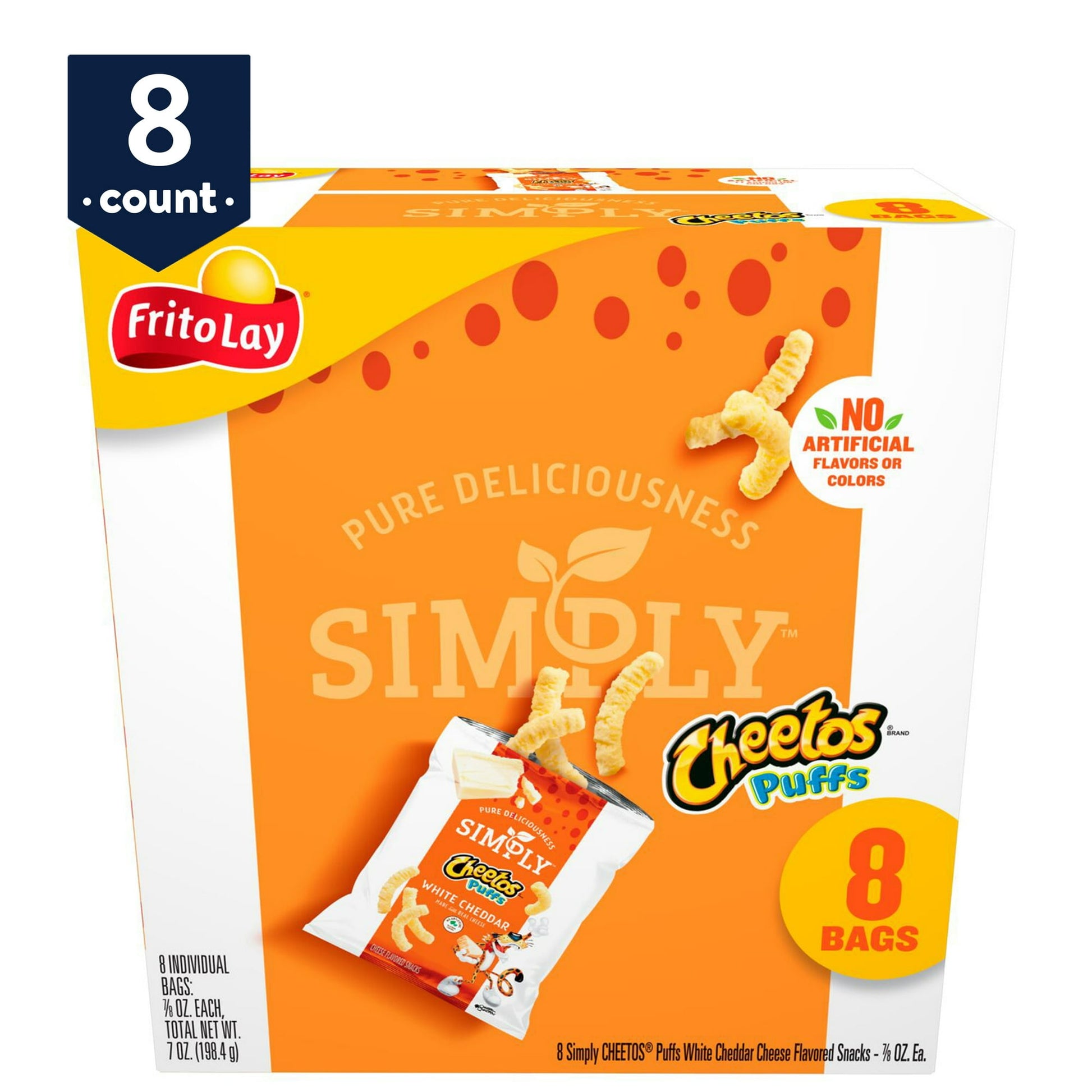 These delicious snacks are baked to perfection and then seasoned using real cheese. CHEETOS® Simply Puffs White Cheddar Cheese Flavored Snacks are made with no artificial flavors, preservatives, or colors. Cheetos Simply Puffs White Cheddar (7 oz, 8 Count) offer a deliciously light and airy snack with a rich white cheddar flavor. Made with simple ingredients and no artificial preservatives, these puffs deliver that classic cheesy taste you love without the guilt.