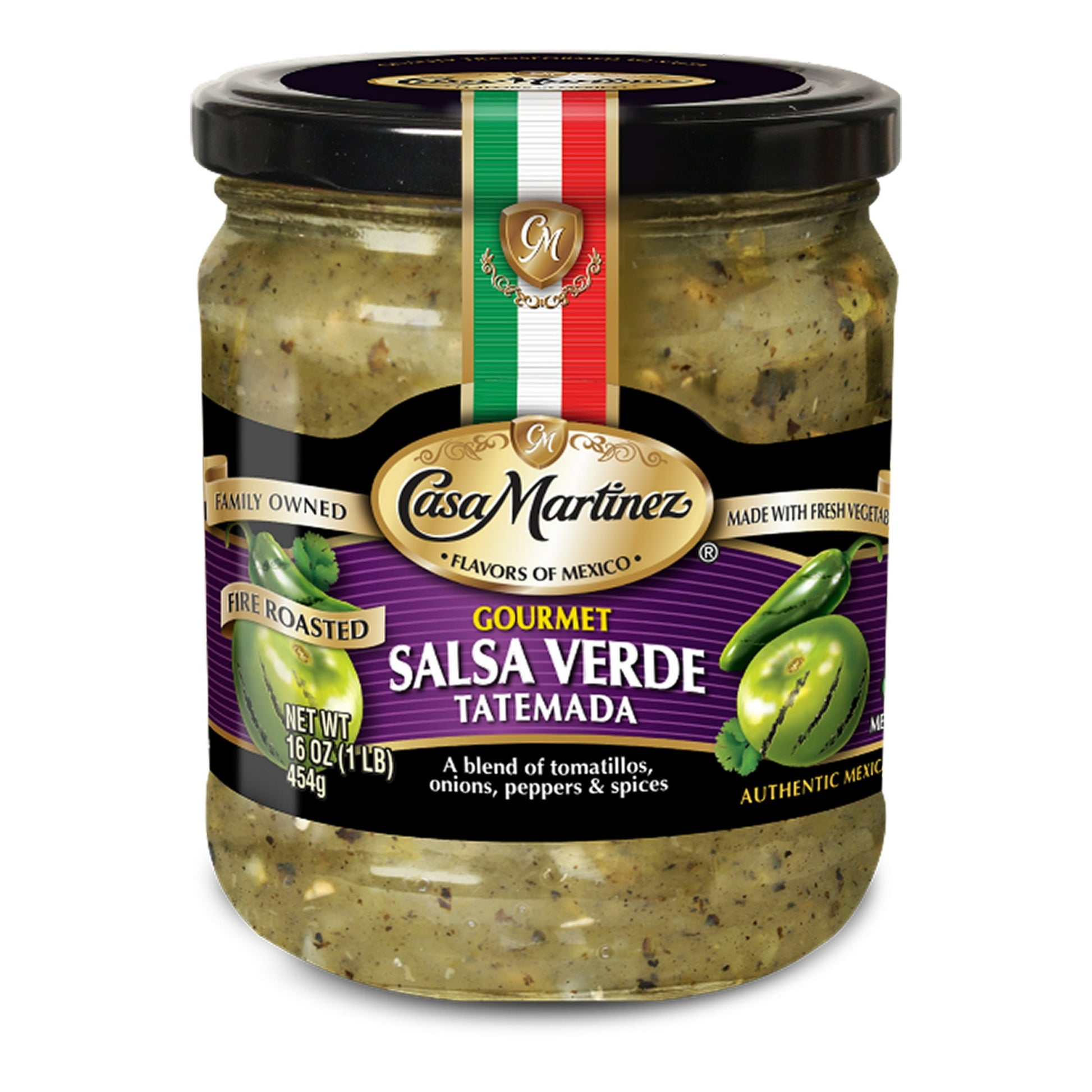 Casa Martinez Medium Fire Roasted Tatemada Salsa Verde, 16 oz features a blend of green tomatoes, onions, peppers, and a variety of spices to enhance your favorite dishes with an authentic Mexican flavor. It pairs deliciously with chips, tacos, enchiladas, and more. Our gourmet salsa is fire roasted and made only with the freshest, highest quality ingredients. It is all natural, contains no preservatives, and has no sugar added.