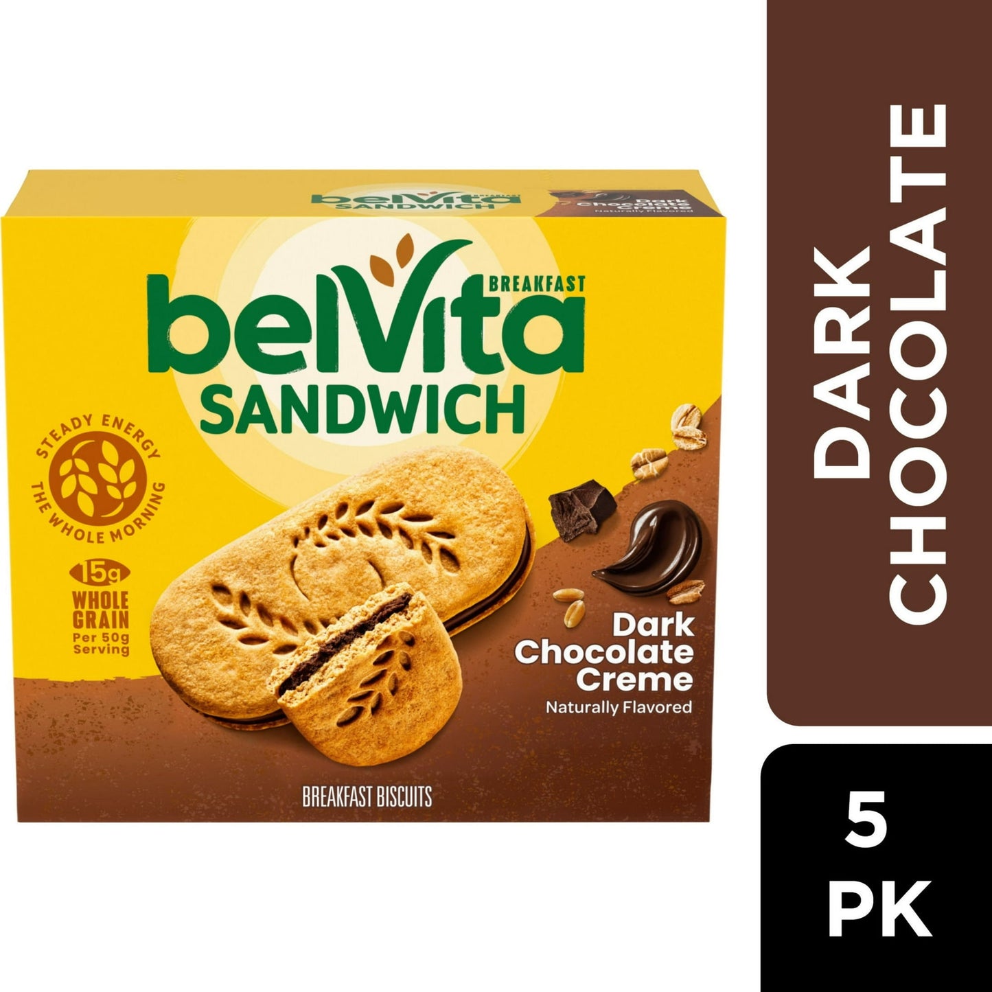 Start your morning off right with delicious belVita Breakfast Sandwich Dark Chocolate Creme Breakfast Biscuits. Featuring luscious dark chocolate flavored creme between two breakfast biscuits, these breakfast biscuits make a delicious instant breakfast food. Specially baked, these BelVita breakfast sandwich cookies contain slow-release carbs that break down gradually in the body to deliver delicious, steady energy all morning long. Each 50 gram serving contains 15 grams of whole grain and 3 grams of fiber f