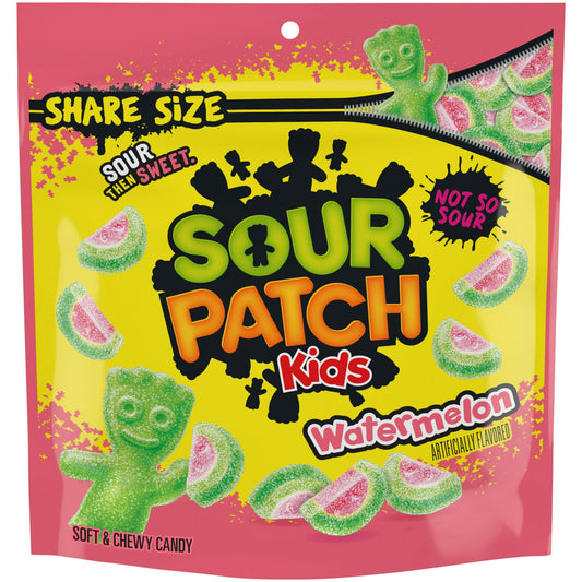 Enjoy a sour twist on your favorite summer flavor with SOUR PATCH KIDS Watermelon Soft & Chewy Candy. Intense watermelon flavor fills each SOUR THEN SWEET candy for a summery blast to your taste buds, and they're shaped like watermelon slices to add excitement to your candy snacking experience. Keep these sour gummy snacks on hand for a quick sour treat or as party favors for Halloween, Valentine's Day or birthdays.